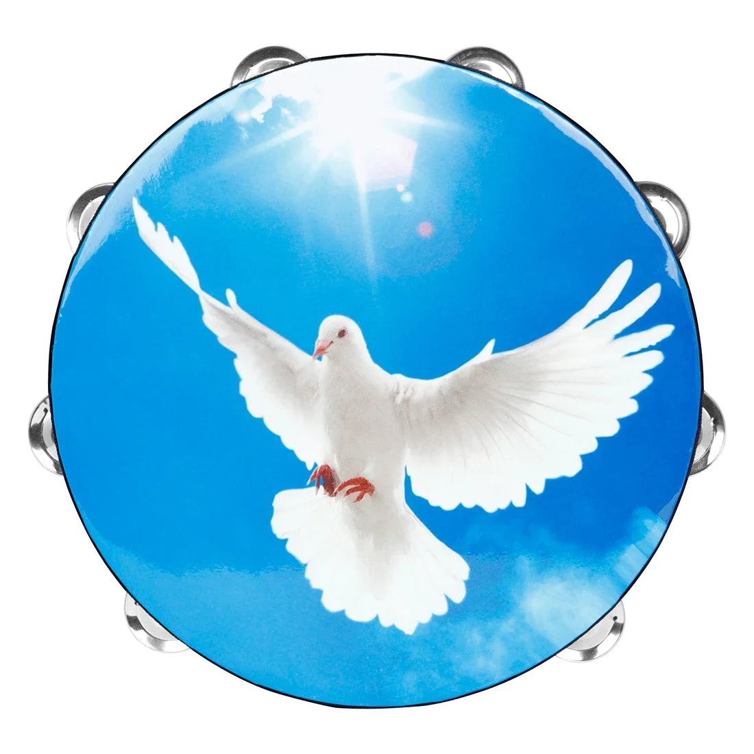 A white dove in flight against a bright blue sky with sun rays.