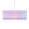 Un clavier filaire compact avec touches rétroéclairées RGB blanches et violettes, vu de dessus.