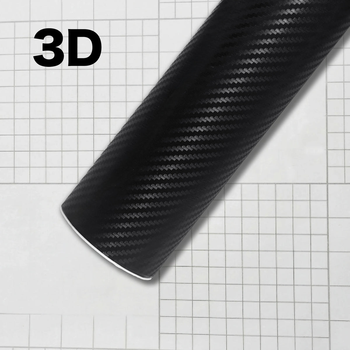 A close-up view of a black carbon fiber vinyl wrap film, showing its texture and finish on a grid background.