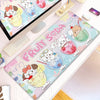 A pink and blue kawaii cartoon fruit soda themed gaming desk mat featuring cute cartoon characters and drinks.