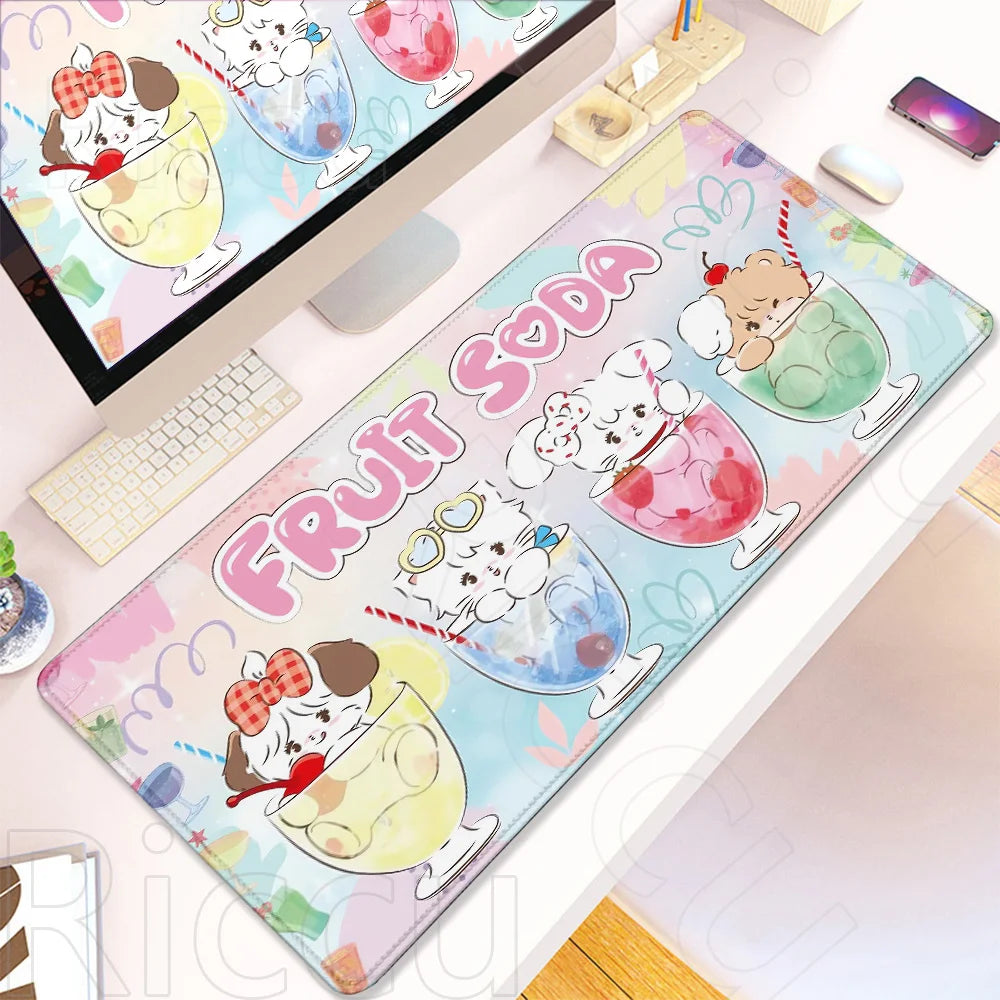 A pink and blue kawaii cartoon fruit soda themed gaming desk mat featuring cute cartoon characters and drinks.