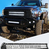 A close-up view of 18W LED flood light pods mounted on the front bumper of a black truck.