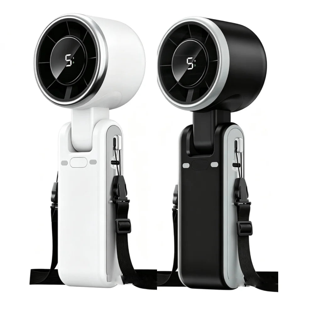 Ventilateur portable pliable blanc et noir à main avec grille circulaire sur fond blanc.
