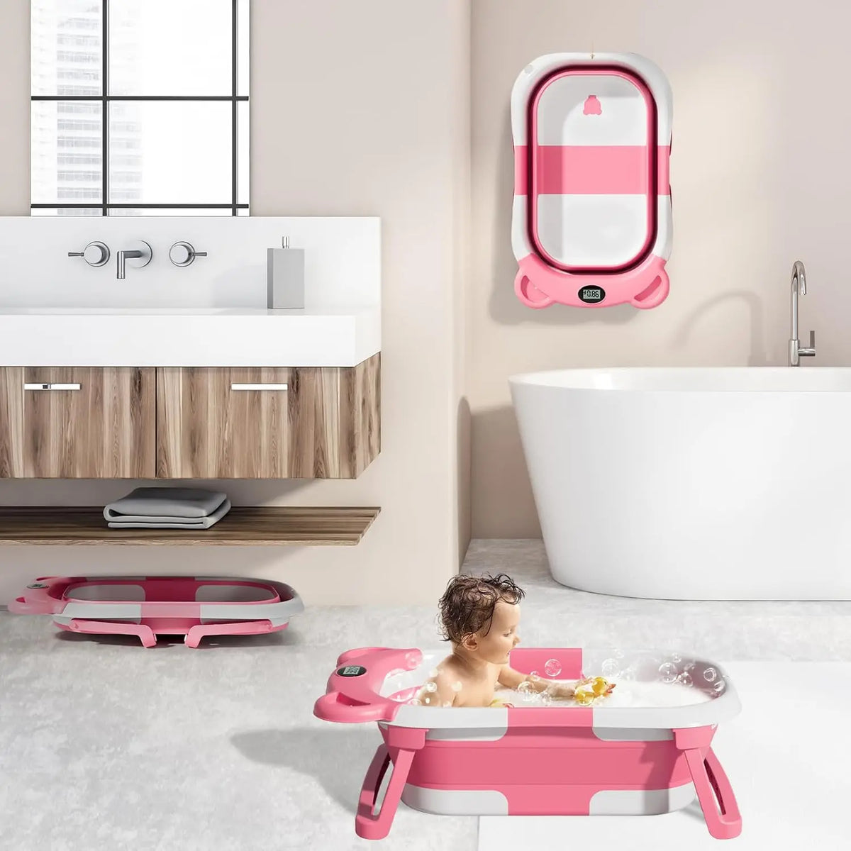 Collapsible Baby Bathtub with Thermometer and Floating Cushion