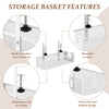 Features of a storage basket including carbon steel material, rounded corners, clip-on design, and an open side hollow design