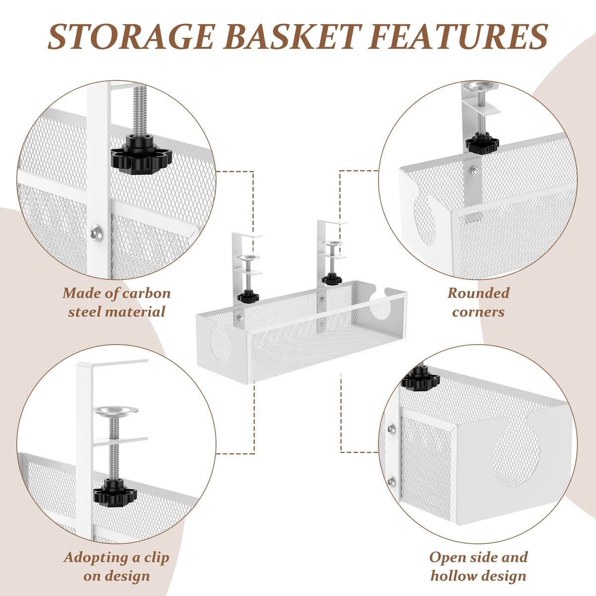 Features of a storage basket including carbon steel material, rounded corners, clip-on design, and an open side hollow design