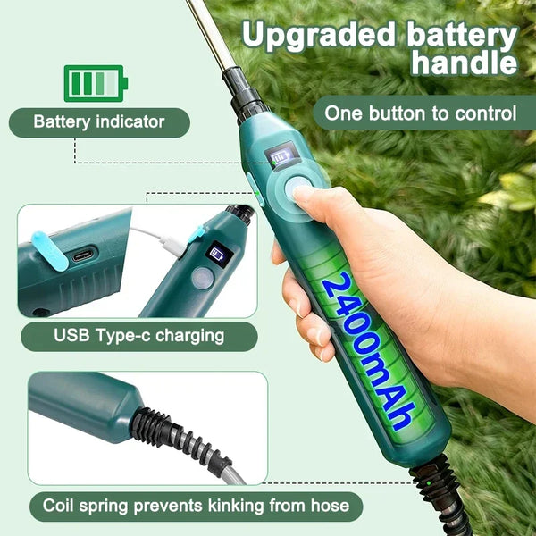 Une main tient une poignée de batterie améliorée pour un pulvérisateur électrique de jardin rechargeable, montrant l'indicate