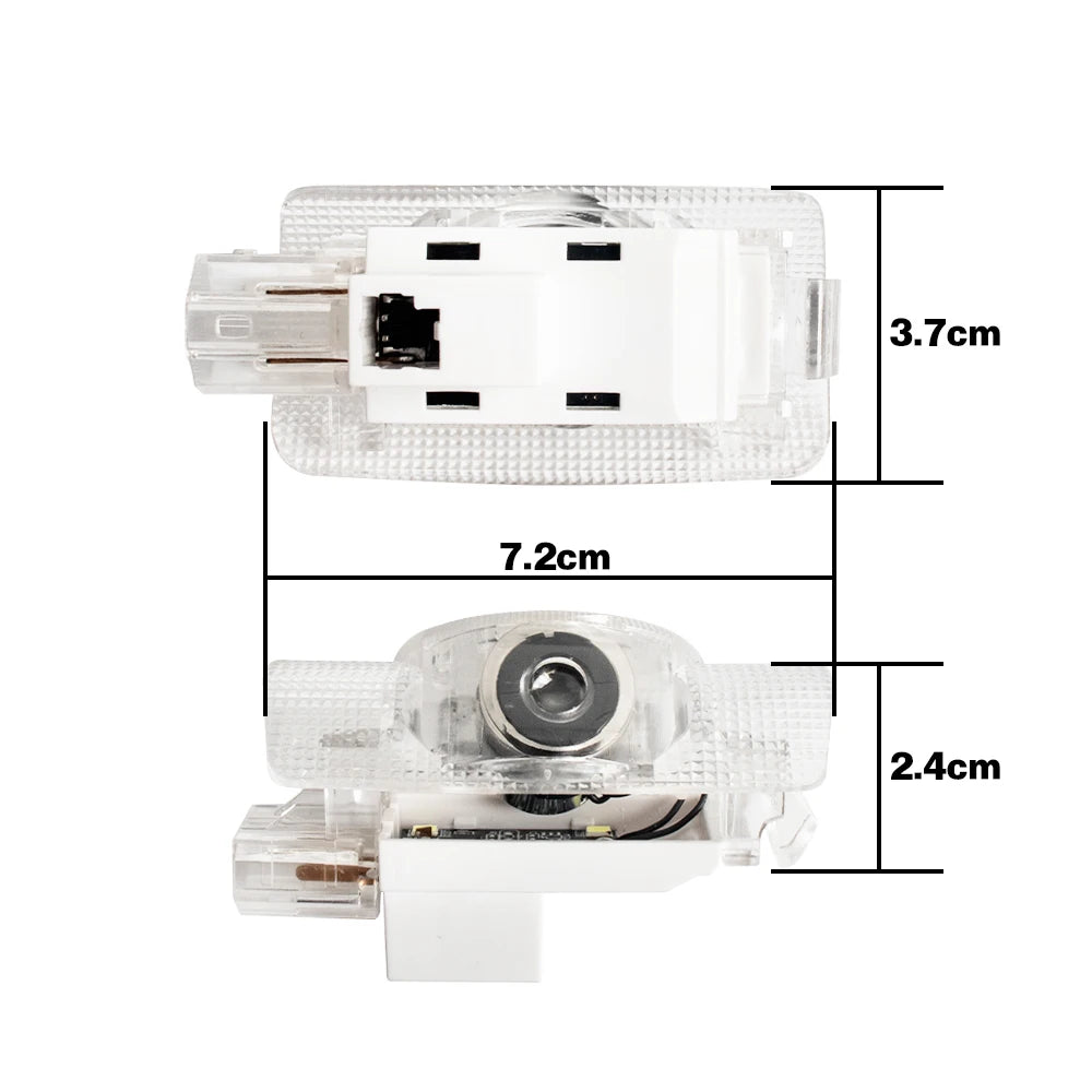 A white LED car door welcome light assembly with dimensions 3.7cm and 7.2cm.
