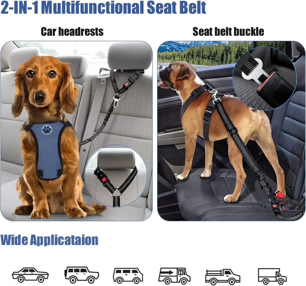 A dog wearing a 2-in-1 multifunctional seat belt harness with a headrest strap is shown alongside various vehicle application