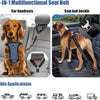 A dog wearing a 2-in-1 multifunctional seat belt harness with a headrest strap is shown alongside various vehicle application