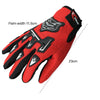 A pair of red and black full finger nylon riding gloves with anti-slip grip shown from above.