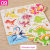 A wooden dinosaur puzzle set featuring various dinosaurs like Tyrannosaurus, Plesiosaurus, and Mosasaurus.