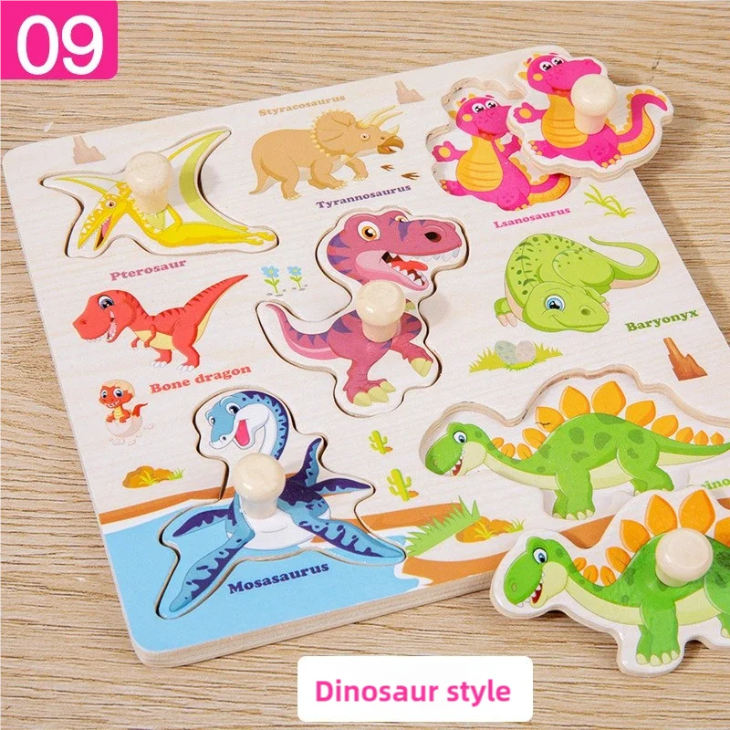 A wooden dinosaur puzzle set featuring various dinosaurs like Tyrannosaurus, Plesiosaurus, and Mosasaurus.