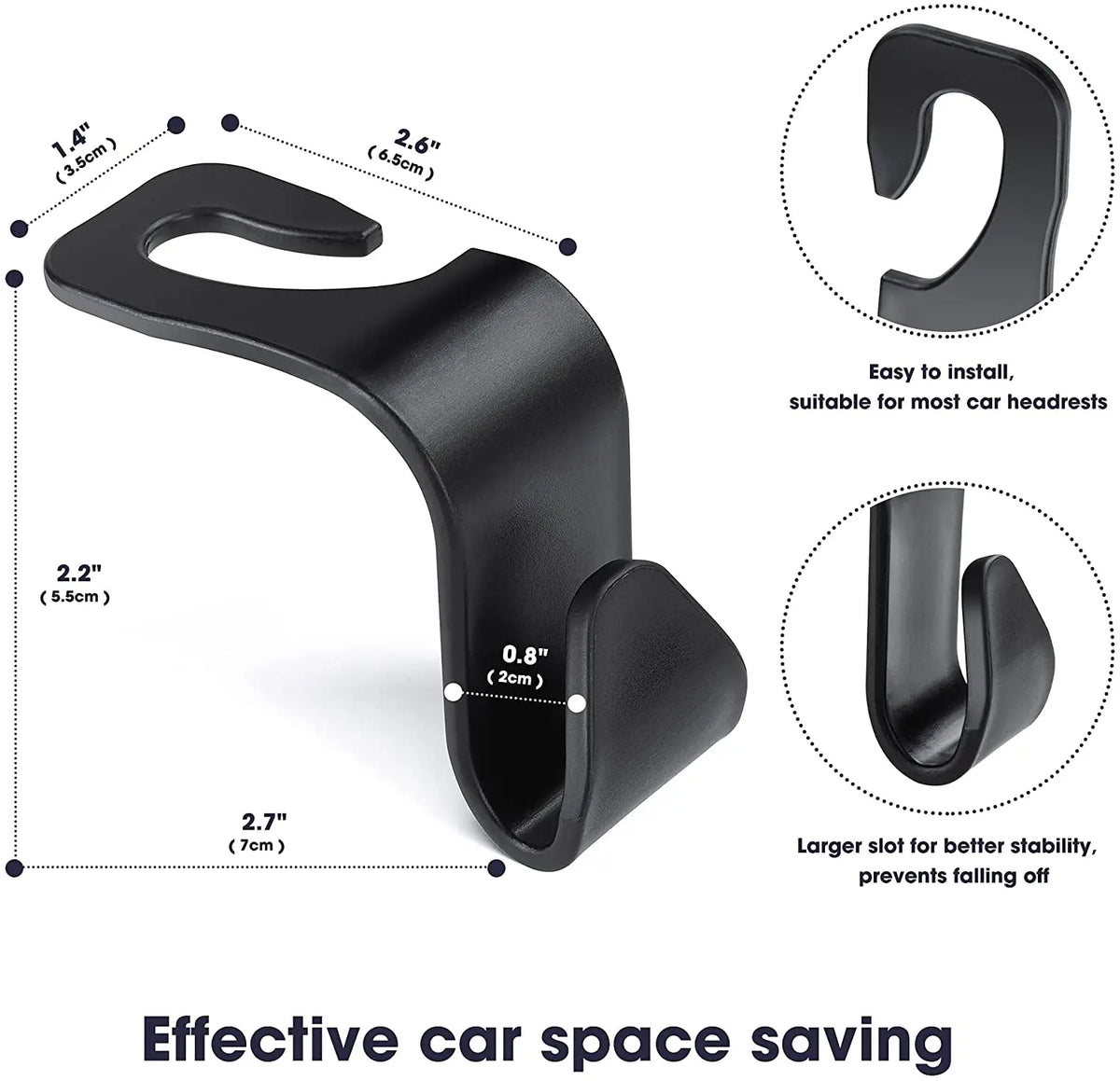 Black car seat headrest hooks shown with various sizes and installation instructions for organizing belongings