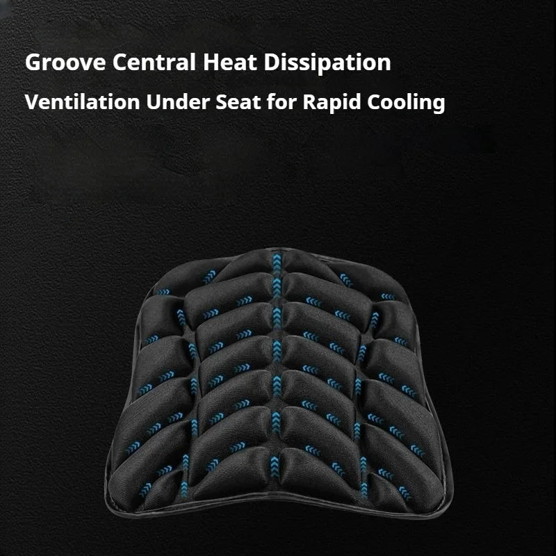 Black ergonomic 3D motorcycle seat cushion with ventilation grooves for heat dissipation