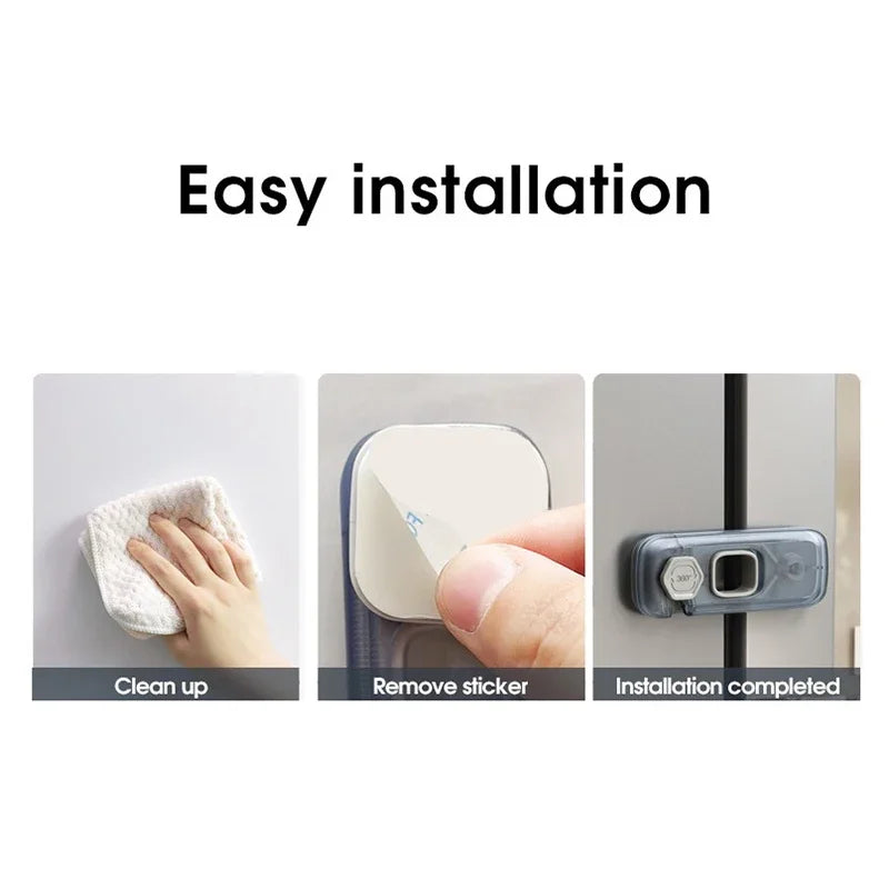 Step-by-step guide showing how to clean up, remove a sticker, and complete the installation of a child safety cabinet or frid