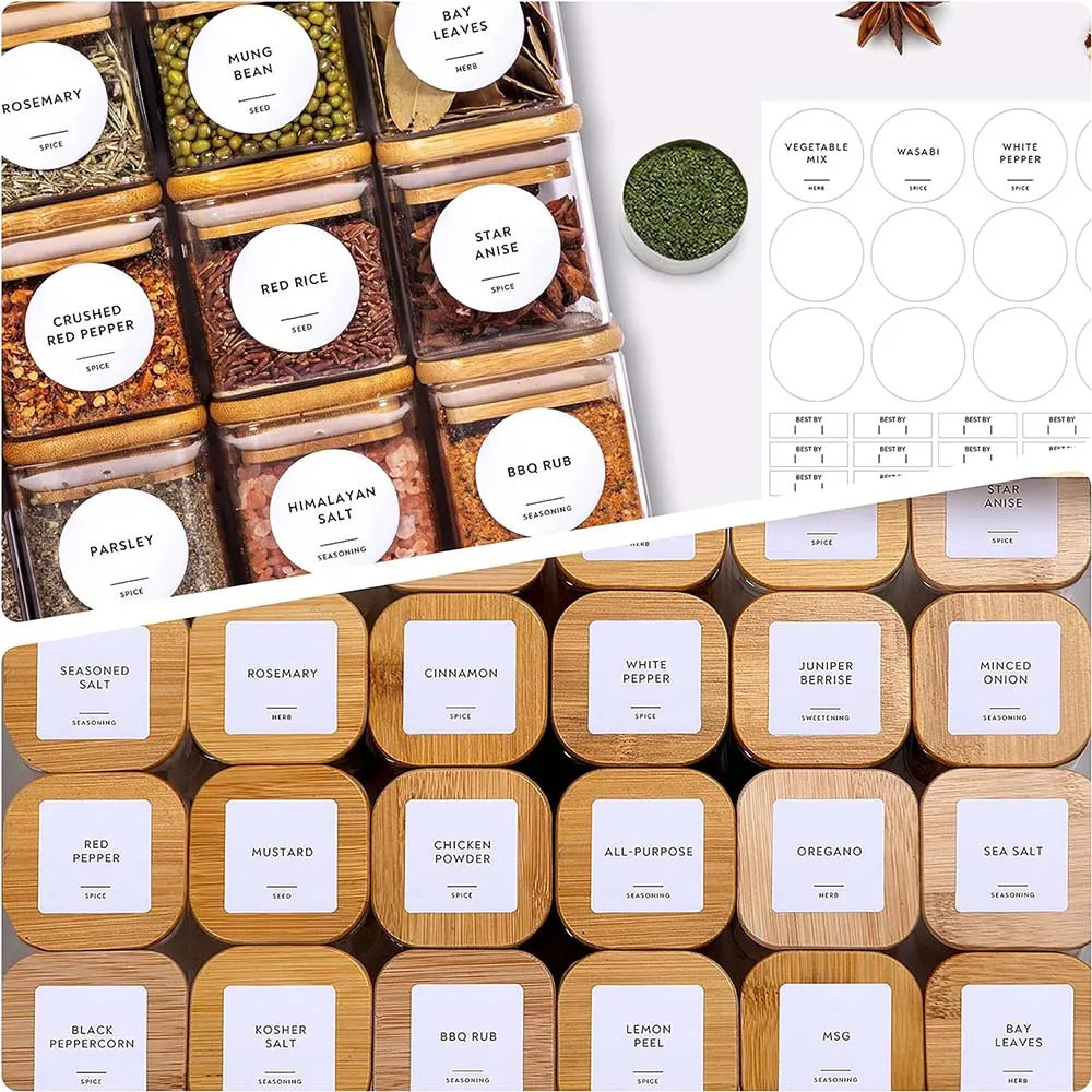 A collection of square glass spice jars with bamboo lids and labels featuring various spices like Mung Bean, Star Anise, Red 