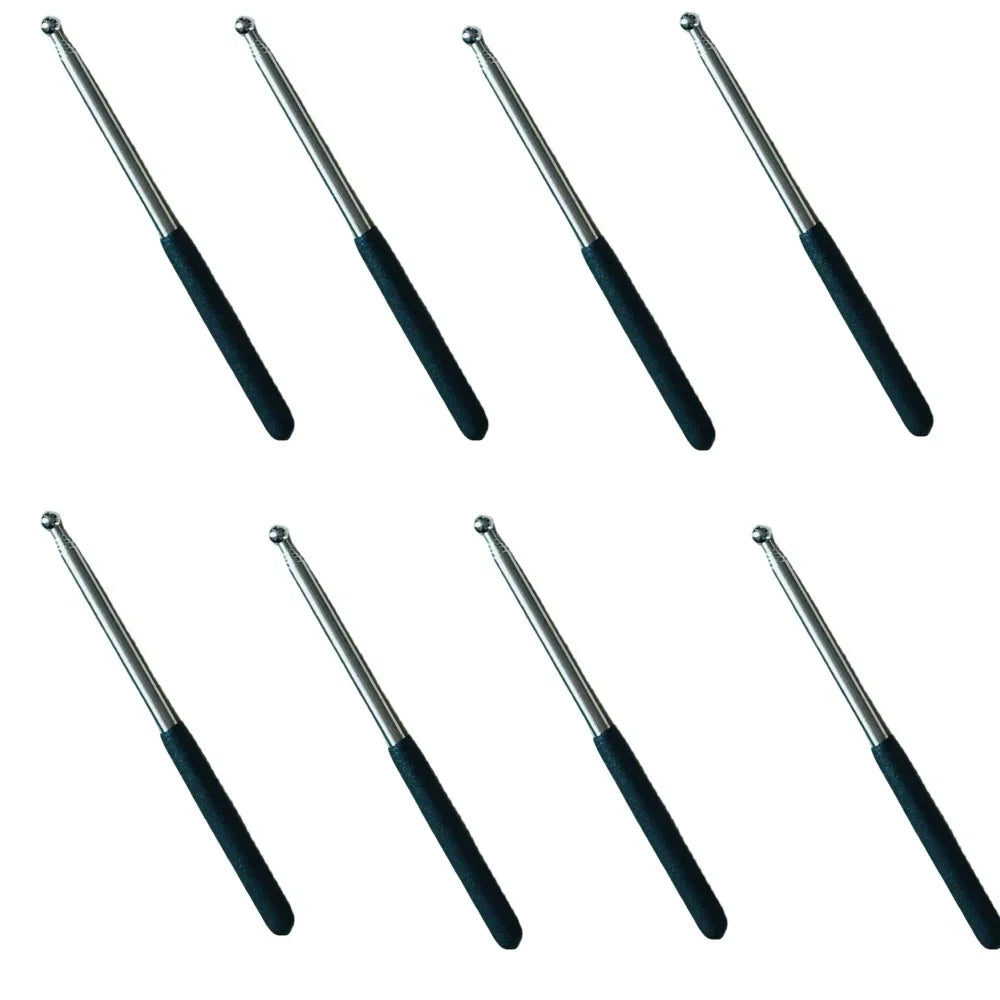 A set of five stainless steel telescopic teacher pointers with black grips.