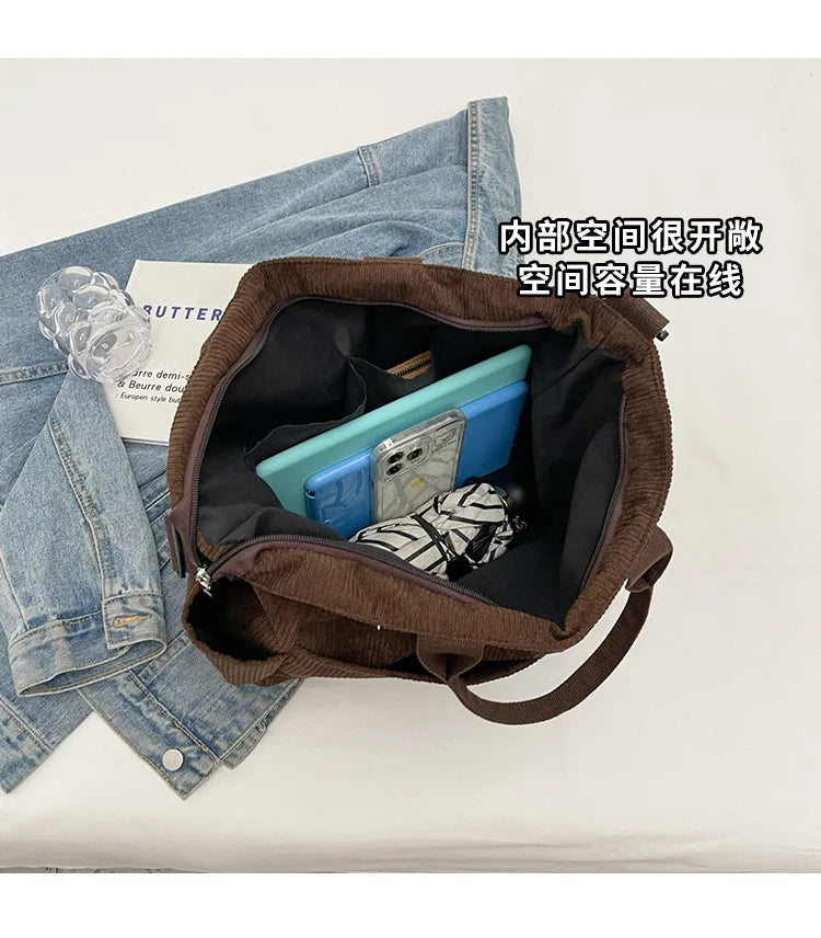 Multi-Pocket Corduroy Tote Bag – Large Capacity Casual Satchel for Travel, Work & Commute