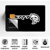 A black card holder with a white graphic featuring a stylized lion head and text.