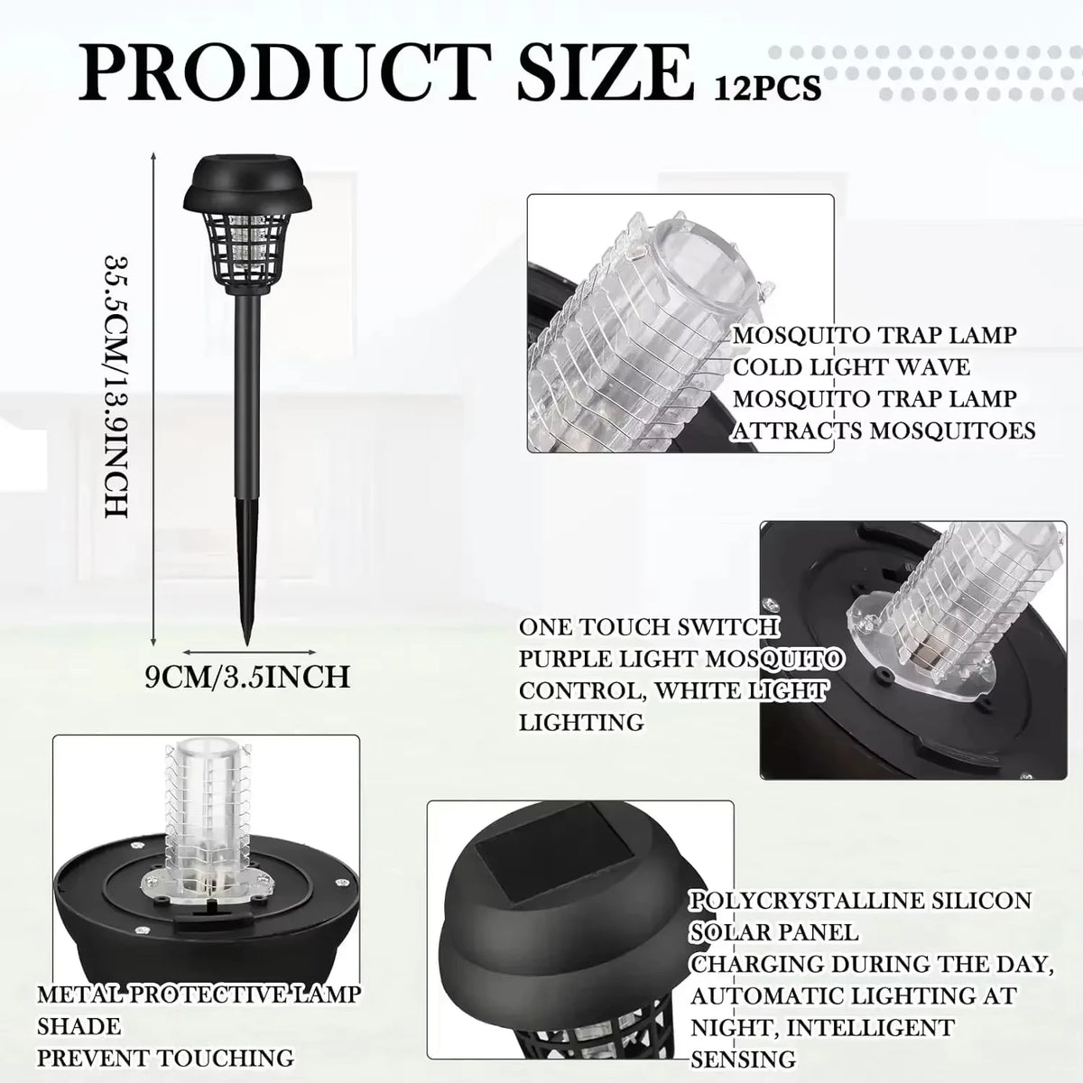A black solar-powered mosquito trap lamp with a mesh cover and light, shown in various views.
