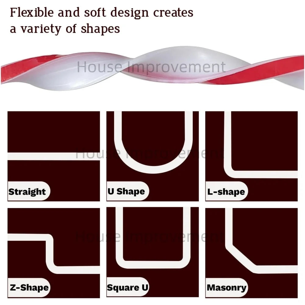 Flexible silicone shower threshold water dam in red and white creating various shapes for bathroom dry-wet separation.