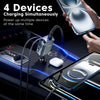 A hand is using a 4-port retractable car charger to simultaneously power up multiple smartphones and devices.