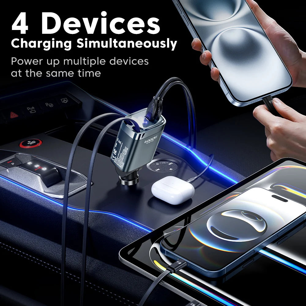 A hand is using a 4-port retractable car charger to simultaneously power up multiple smartphones and devices.