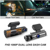 A black FHD 1080P dual lens dash cam is shown with separate views of the inside front, car front, and a standalone unit.