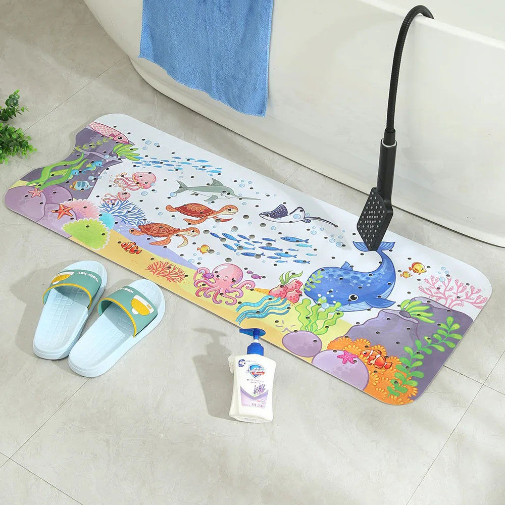 Extra long non-slip cartoon bathtub mat featuring sea creatures and suction cups