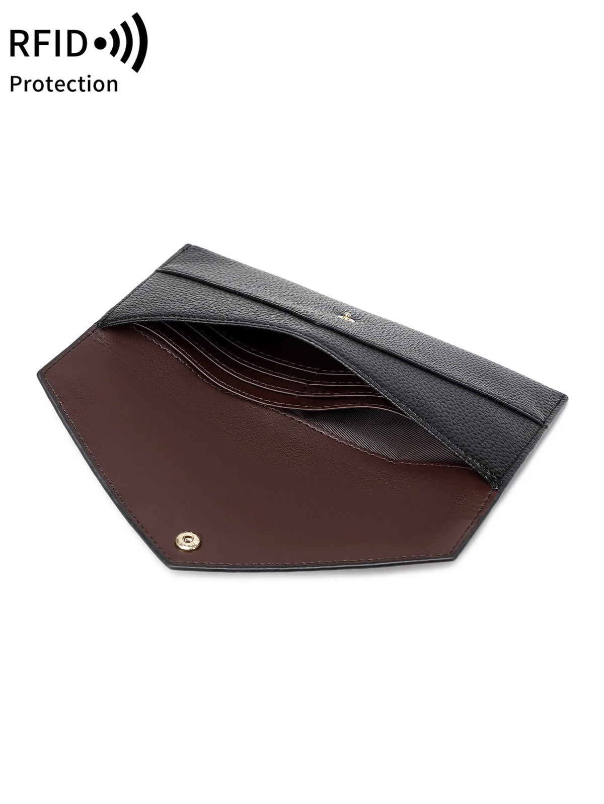 A dark brown slim wallet made of PU leather with card slots, shown from the side.
