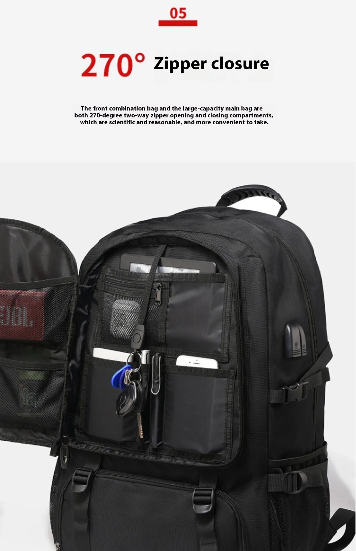 Black travel backpack featuring a 270-degree zipper closure, multiple compartments, and a dedicated shoe section.