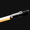 A close-up view of an RGB metal lightsaber with a silver and black design against a dark background.