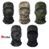 A set of five camouflage and solid black stretchy breathable balaclava caps for outdoor sports