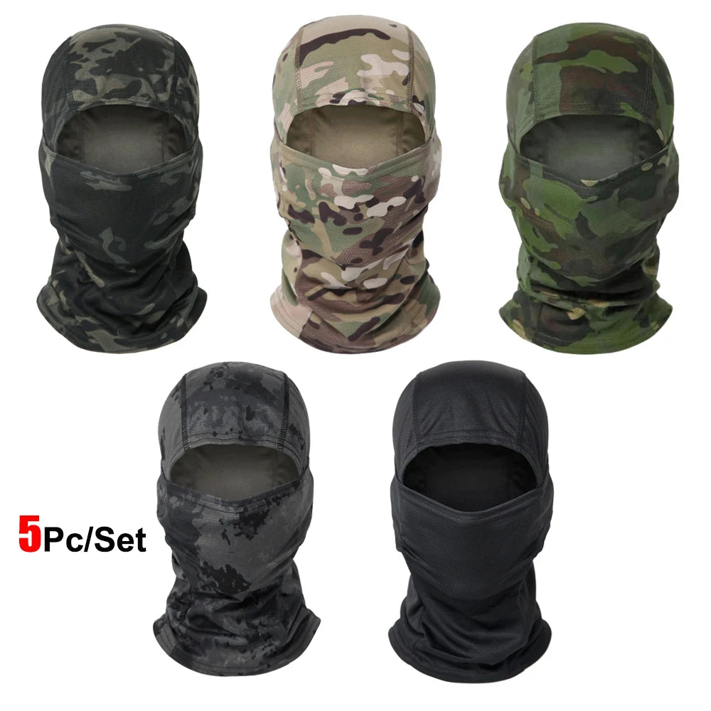 A set of five camouflage and solid black stretchy breathable balaclava caps for outdoor sports