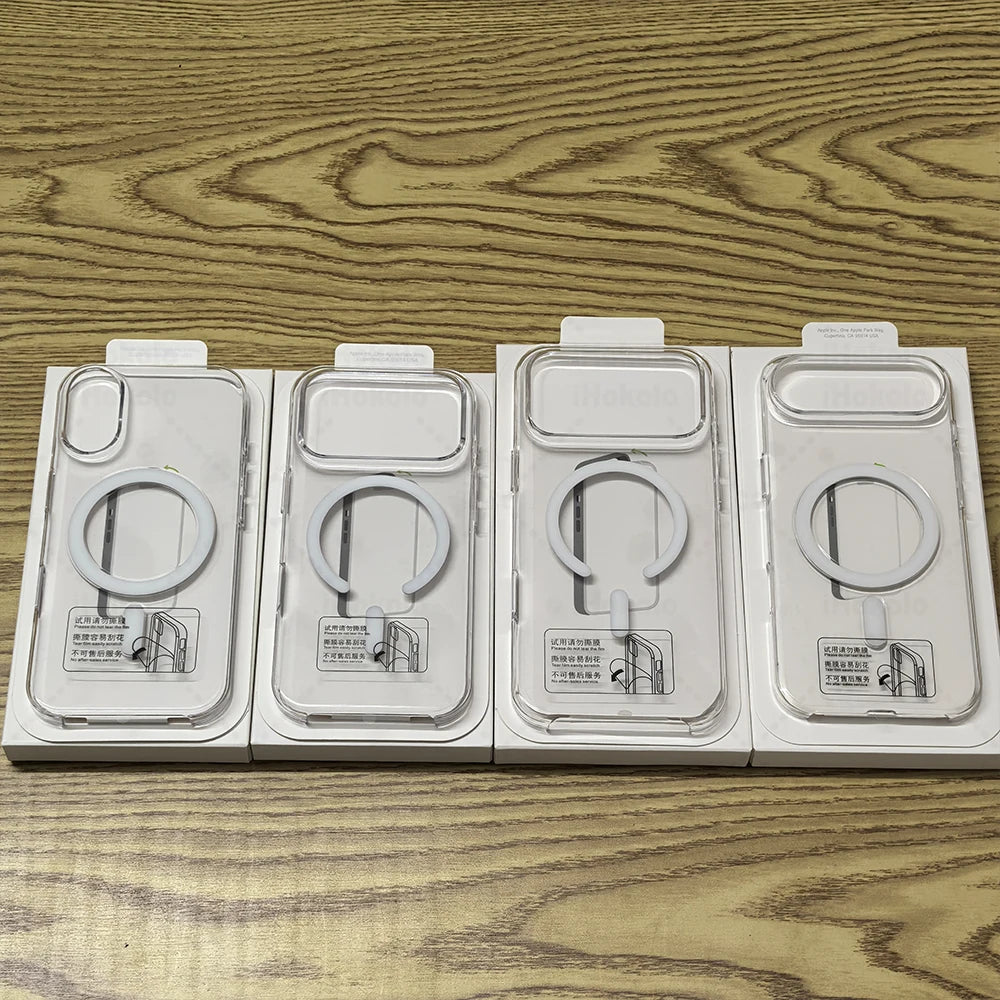 Clear magnetic case for iPhone with MagSafe compatibility shown in a row on a wooden surface.