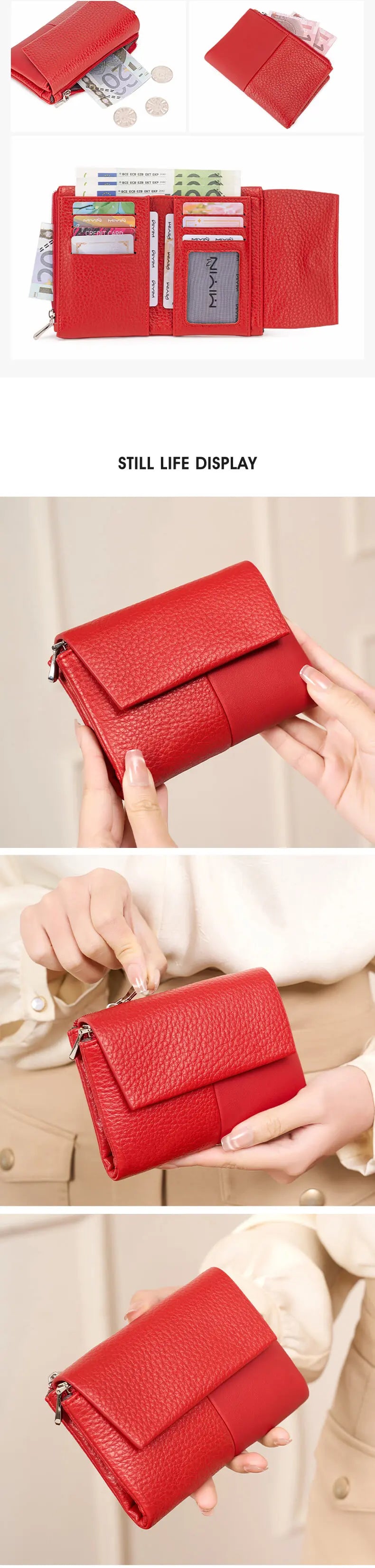 A red leather tri-fold wallet with a zipper and coin pocket being held by hands.