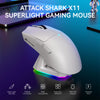 White Attack Shark X11 superlight gaming mouse shown on a dark surface with features listed below.