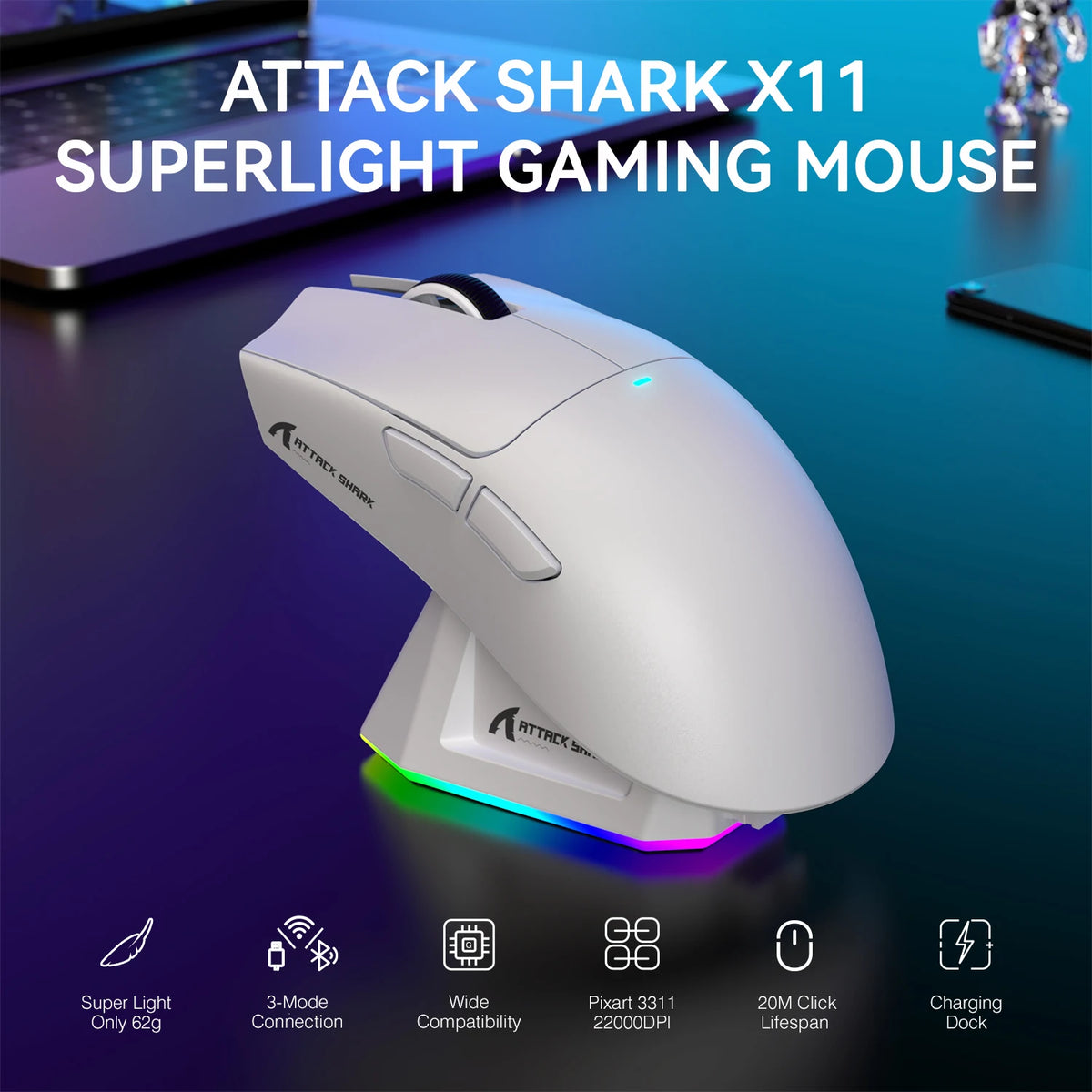 White Attack Shark X11 superlight gaming mouse shown on a dark surface with features listed below.