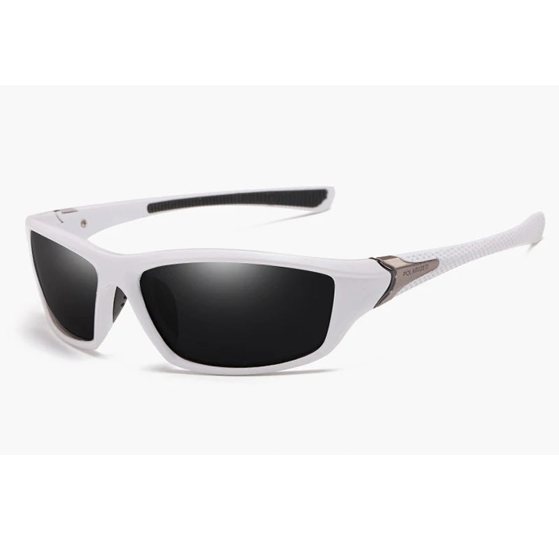 White polarized sports sunglasses with black lenses and a black temple