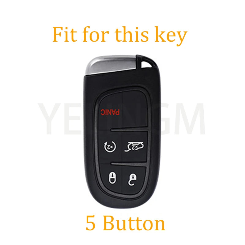 Black 5-button panic car key fob with a clear cover for Jeep, Dodge, and Chrysler vehicles.