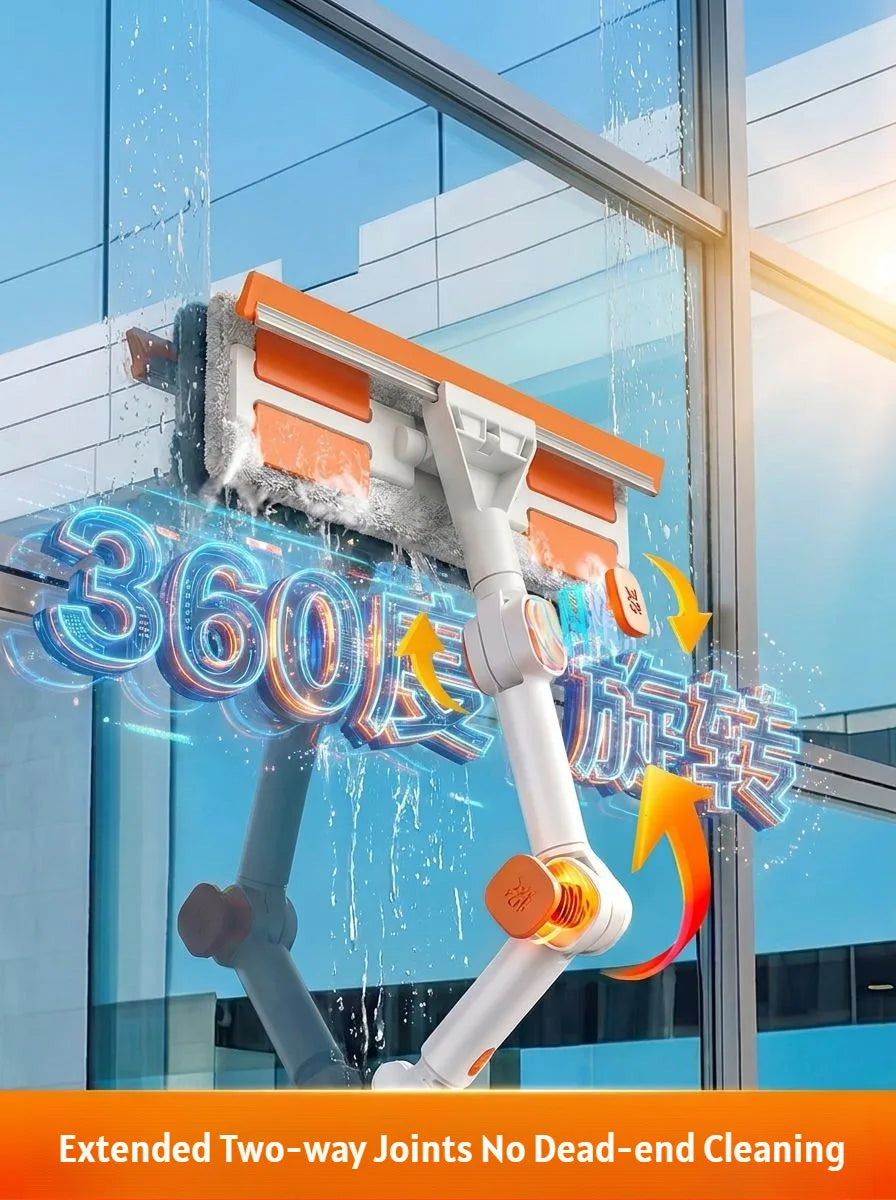 A white double-sided window cleaning tool with an orange squeegee and extension handle is shown cleaning a glass window.