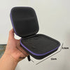 A hand holds an open black portable vial storage case with purple trim, showing its dimensions.