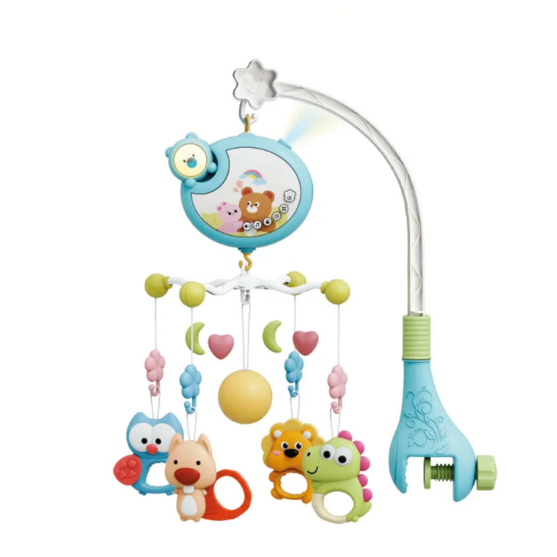 A musical baby crib mobile featuring a projector and soothing sounds with colorful hanging toys.