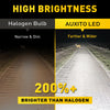 Comparison showing a halogen bulb and an Auxito LED bulb, highlighting the 200% brighter light output of the LED.