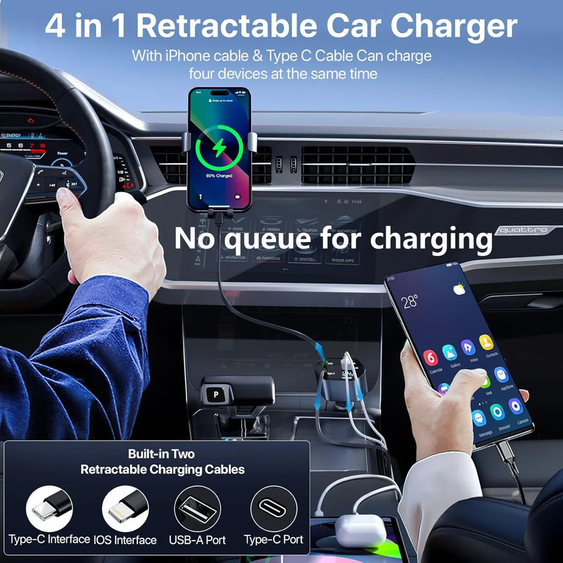 Cargador de coche retráctil de 66W con cables integrados