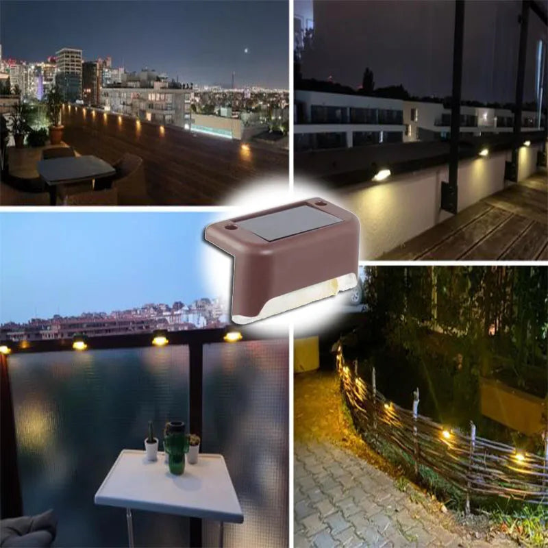 A solar powered LED step light mounted on a railing illuminating an outdoor path and stairs at night.