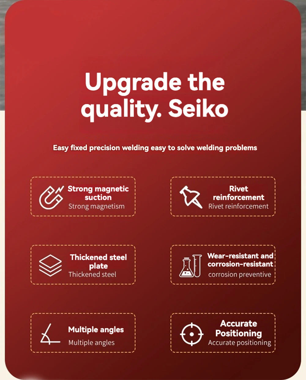 A red product box showing features for a welding tool, including strong magnetic suction, rivet reinforcement, thickened stee