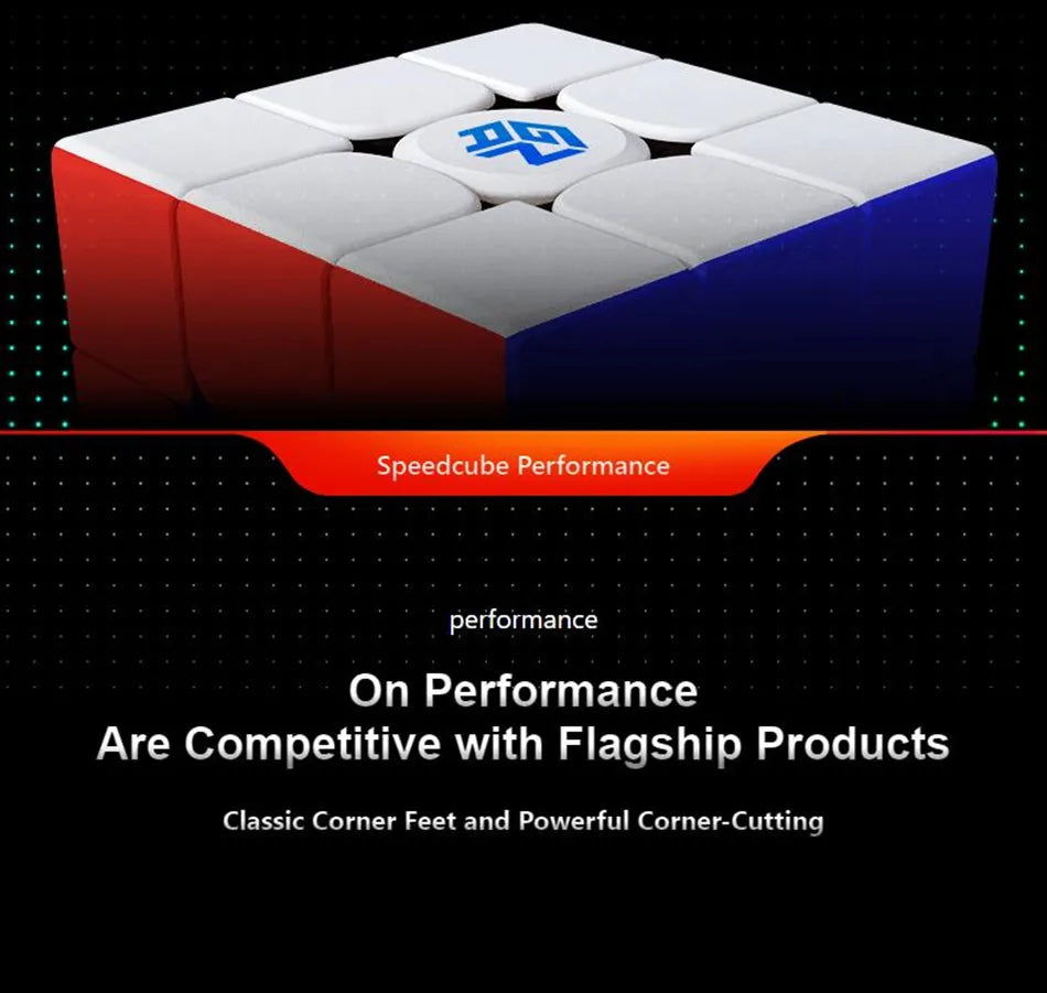 A white and blue speed cube is shown with a red base, demonstrating performance features.