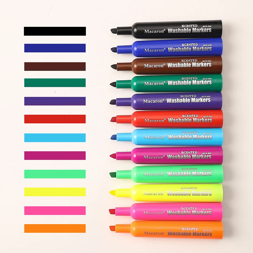 A collection of twelve assorted colored washable scented markers for kids, including fruit colors.